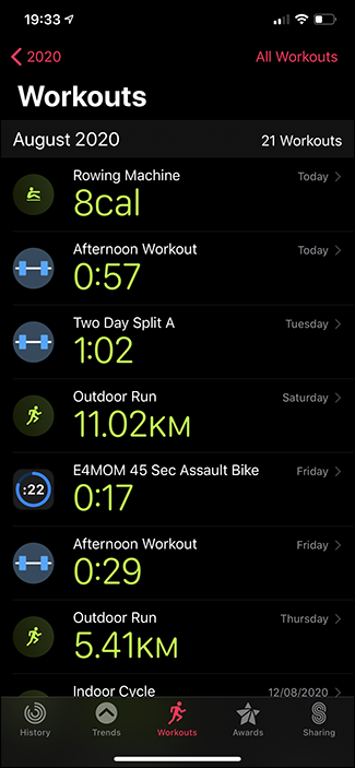 activities app workouts tab