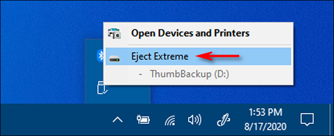 Click "Eject" and the name of the USB drive you'd like to remove in Windows 10.