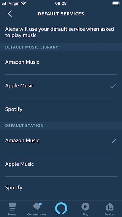 On the "Default Services" screen, you can nominate non-Amazon services as your default music library.