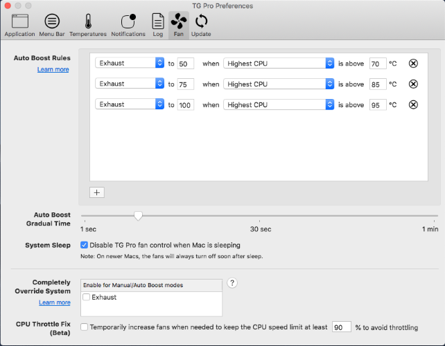 TG Pro auto boost rules to control your fan