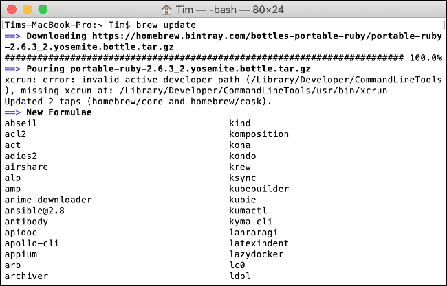 Mise à jour du "Homebrew" pour macOS dans "Terminal".