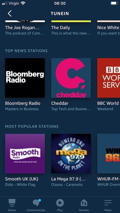 TuneIn displays all of the most popular news and radio stations.