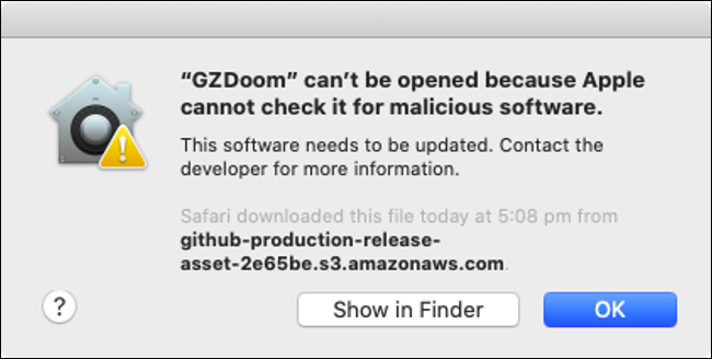 Une alerte que Gatekeeper a bloqué "GZDoom".