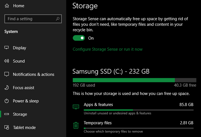 Windows 10 Storage Settings