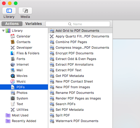 In Automator's left-hand menu, select the "PDFs" action.