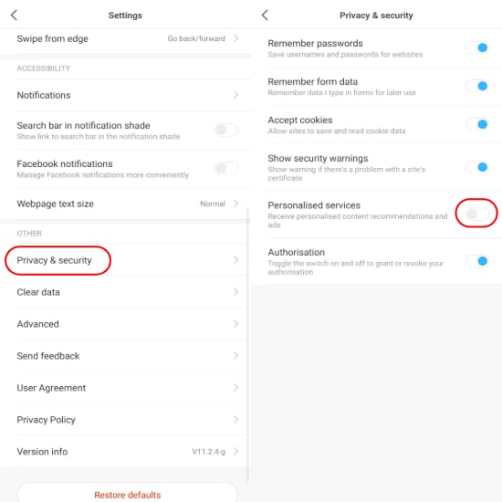 Désactiver les annonces dans le navigateur Xiaomi MIUI