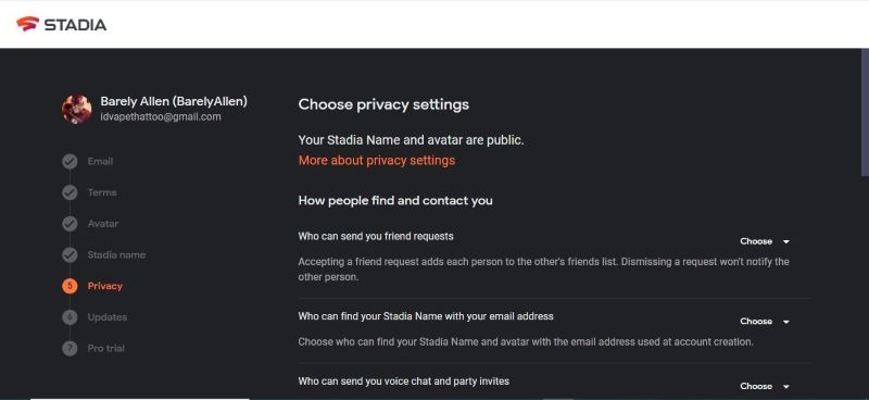 Stadia Privacy Settings