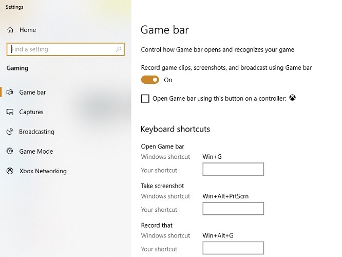 Windows10 Screen Recorder Gamebar Settings