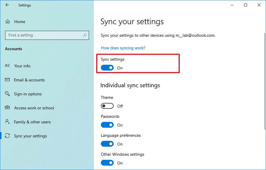 Enable sync settings on Windows 10