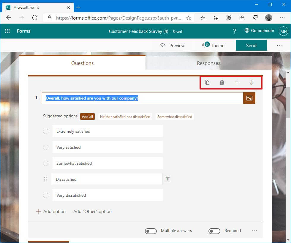 Microsoft Forms customize template question