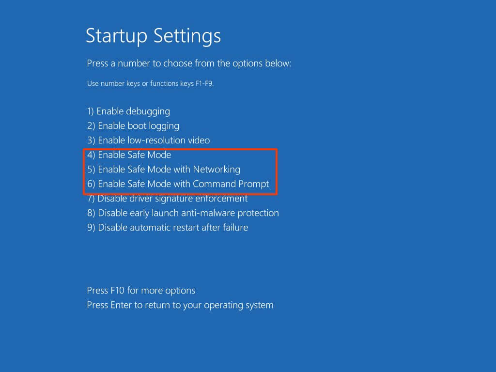Windows 10 start in Safe Mode options