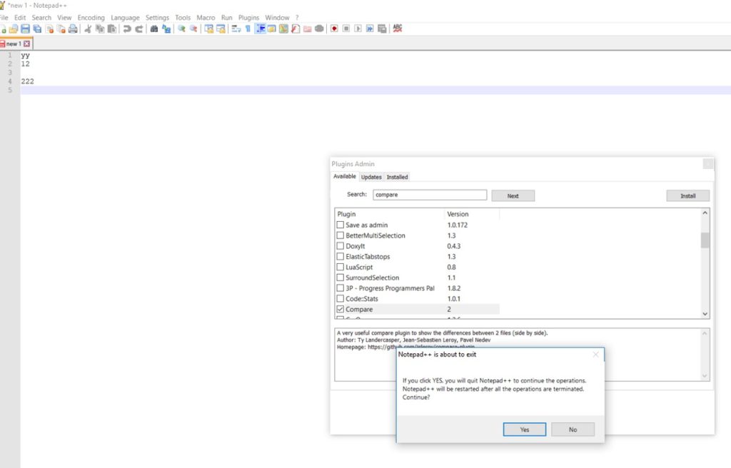 comparer des fichiers dans Notepad ++ 1,5