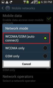 Sélectionnez l'option WCDMA-GSM