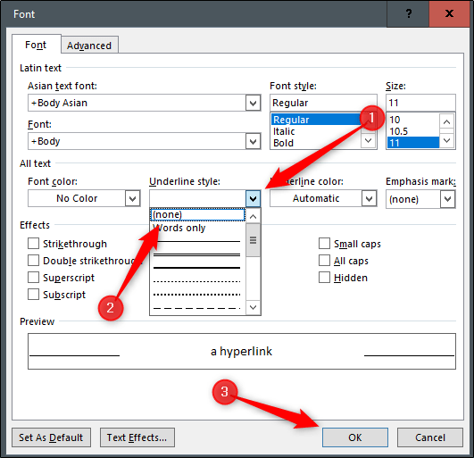 Nous configurons les options pour supprimer le soulignement.