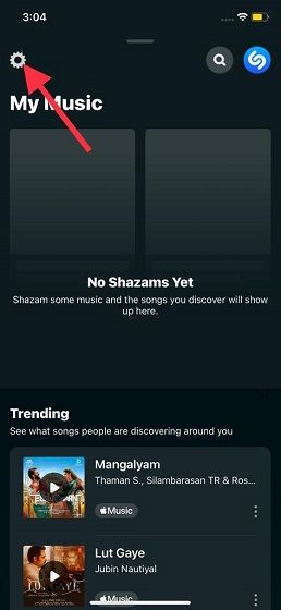 Nous cliquons sur les paramètres de Shazam.