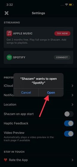 Nous confirmons le changement pour associer Shazam et Spotify iPhone