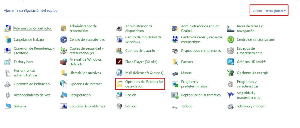 Options de l'Explorateur de fichiers Windows.