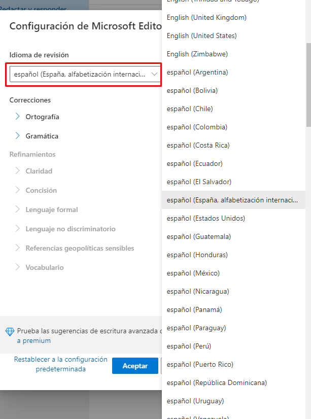 Révisez la langue.  Ici, nous pouvons changer la langue du correcteur orthographique Outlook