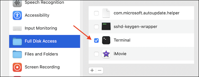 Nous donnons à Terminal un accès complet au disque