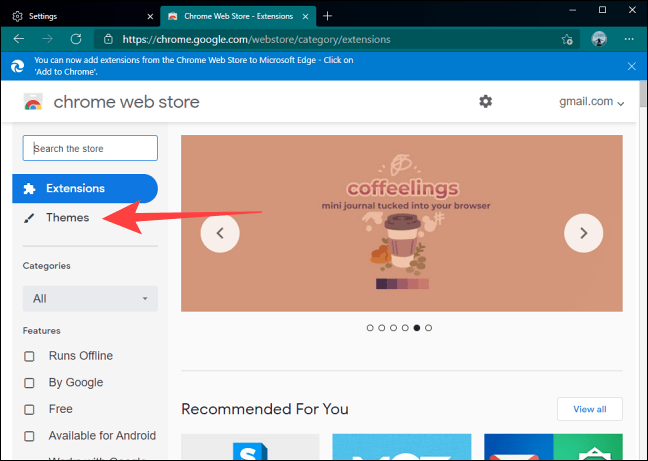 Nous sélectionnons la section des thèmes dans le Chrome Store.