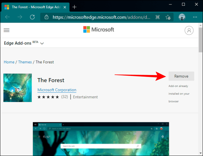 Nous cliquons sur supprimer ou supprimer.  De cette façon, nous pouvons supprimer un thème de Microsoft Edge.