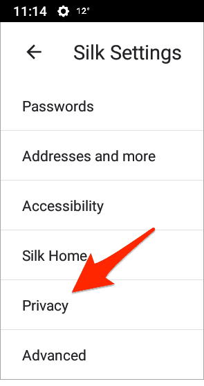 Confidentialité dans le navigateur Silk.