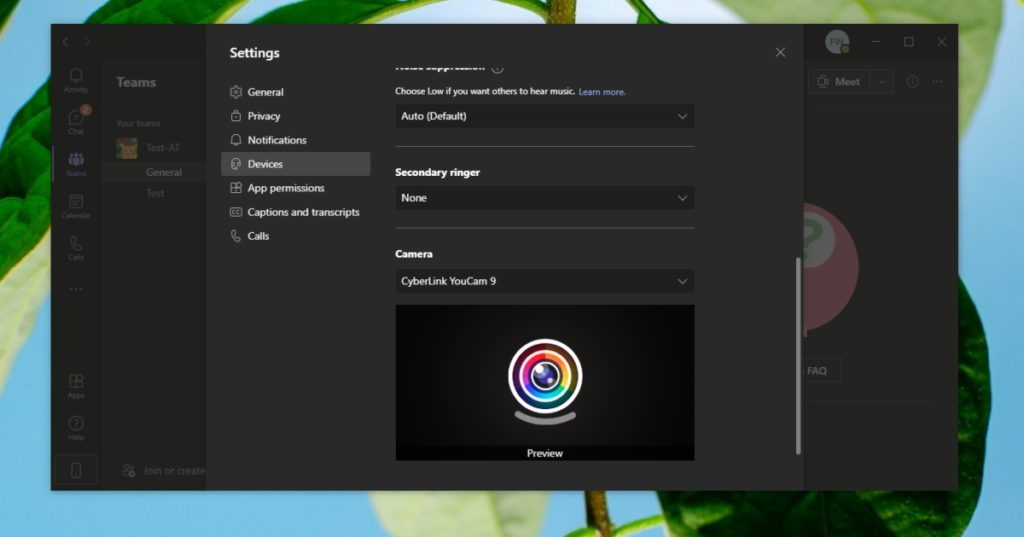 Paramètres de la caméra dans Teams.