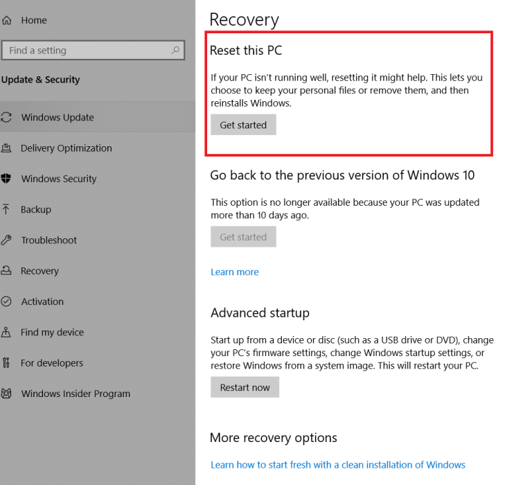 Comment réinitialiser Windows 10.
