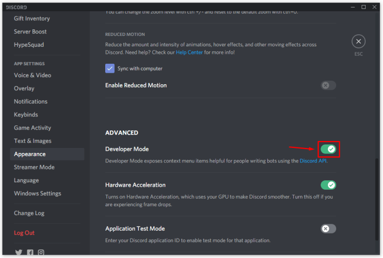 Mode développeur activé dans Discord pour Windows.