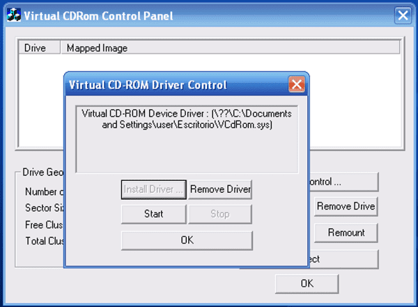 Panneau de configuration du CD-Rom virtuel Microsoft