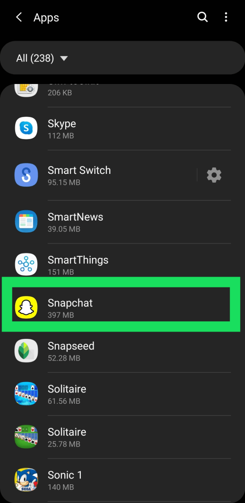 Nous ouvrons Snapchat sur Android à partir du menu des paramètres.
