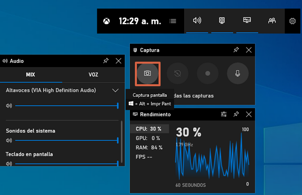 Utilisation de la barre de jeu pour imprimer l'écran sous Windows 10