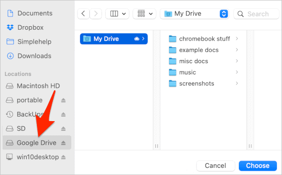 Nous sélectionnons Google Drive dans la barre latérale gauche.