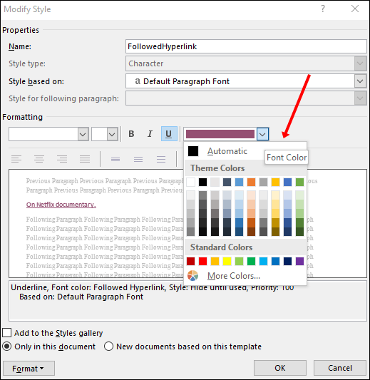 Nous choisissons la couleur souhaitée et nous avons ainsi réussi à changer la couleur des liens dans Microsoft Word.