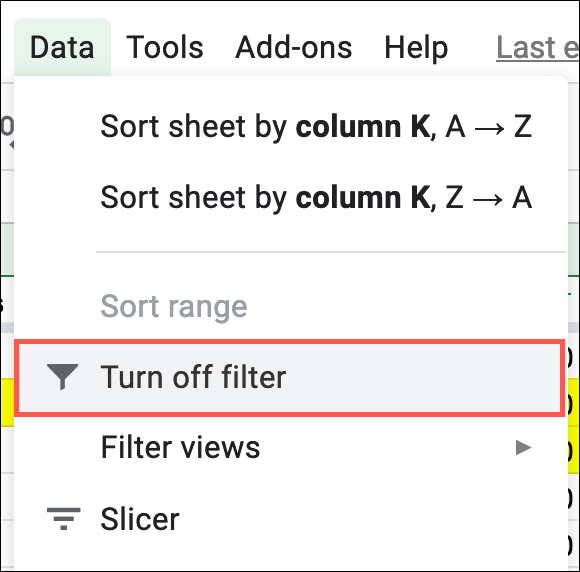 Nous désactivons les filtres et nous avons ainsi appris à commander Google Sheets.