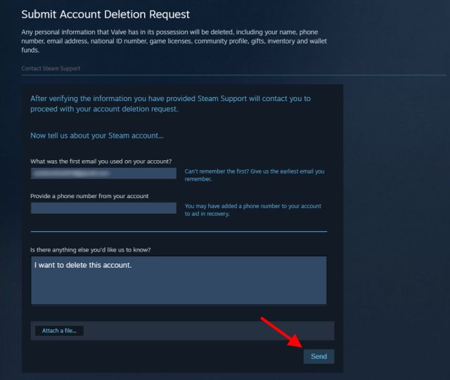 Nous envoyons la demande de suppression définitive du compte Steam.