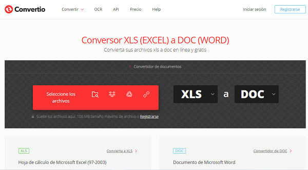 Convertio en tant que programme en ligne pour convertir Excel en Word