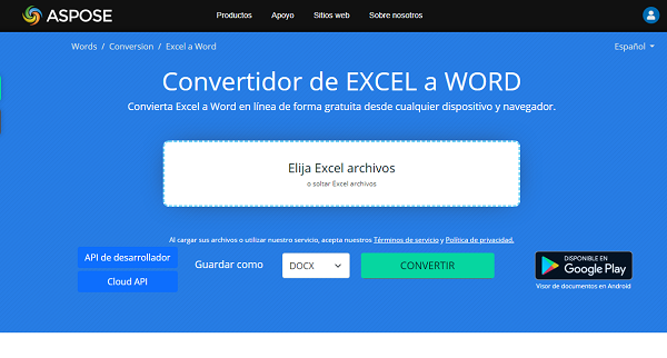 Aspose en tant que programme en ligne pour convertir Excel en Word