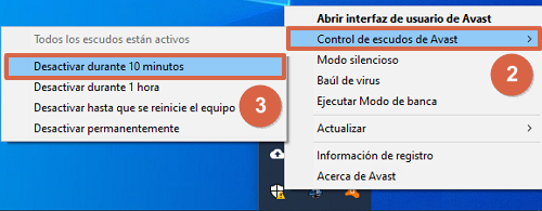désactiver avast dans Windows 10 à partir des étapes 2 et 3 de la barre des tâches