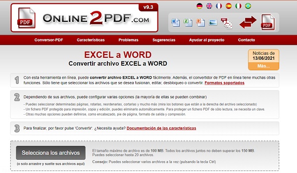 Online2PDF en tant que programme en ligne pour convertir Excel en Word