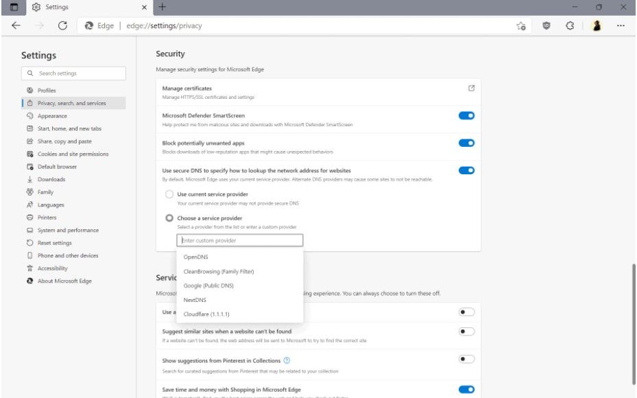 DNS sur HTTPS dans Microsoft Edge.