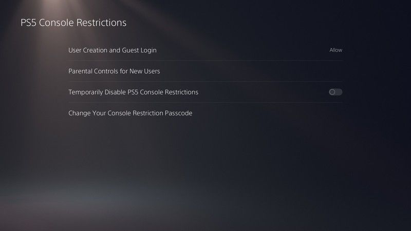 Options de contrôle parental sur PS5.